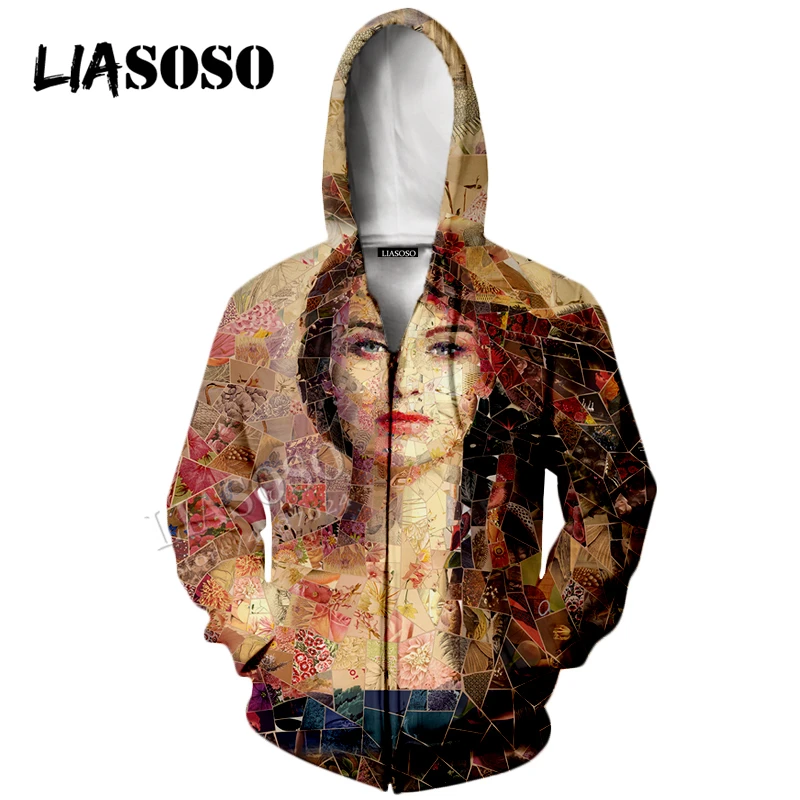 LIASOSO Новый инкрустированные арт молнии с капюшоном шляпа пальто нейтрального Повседневный пуловер 3D печать контрастного цвета футболка