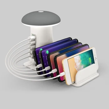 

5 Ports USB Hub Quick Charge Smart USB QC3.0 Charger Station LED Mushroom Desk Light Phone Charging Stand US/EU/UK/AU Plug