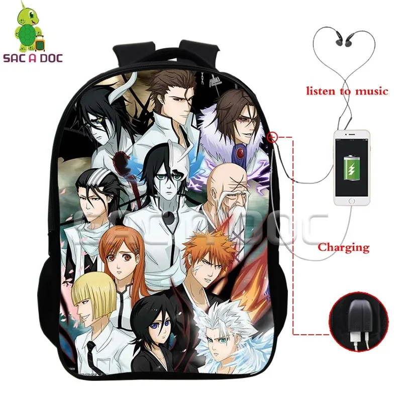 

Anime Bleach Multifunction Backpack Kurosaki Ichigo School Bags for Teens Men Women USB Charging Headphone Jack Laptop Backpack