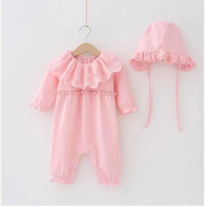 Осенне-зимний хлопковый кружевной комбинезон для маленьких девочек, комбинезон Rompe с кепкой, белый, розовый детский спальный мешок, Одежда для новорожденных, 3 м, 6 м, 9 м - Цвет: pink b