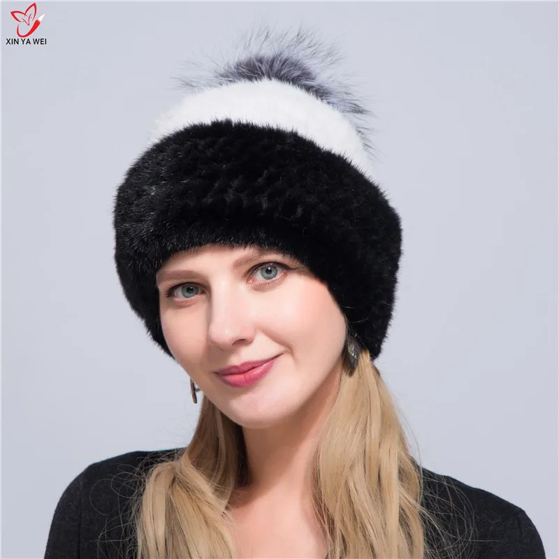 

Hot Sale 100% Natural Mink Knitted Cap Women Mink Fur Bomber Hat Female Ear Warm Cap