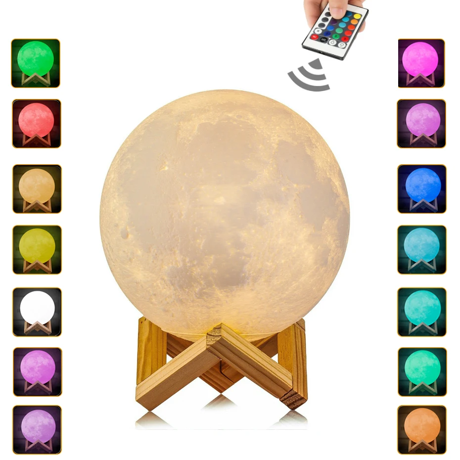 

Rechargeable 3D Print Moon Lamp Touch 2 Color Change Night Llight 16 Colors Remote Lampara Luna 20cm 15cm Luna Night Lamp Moon