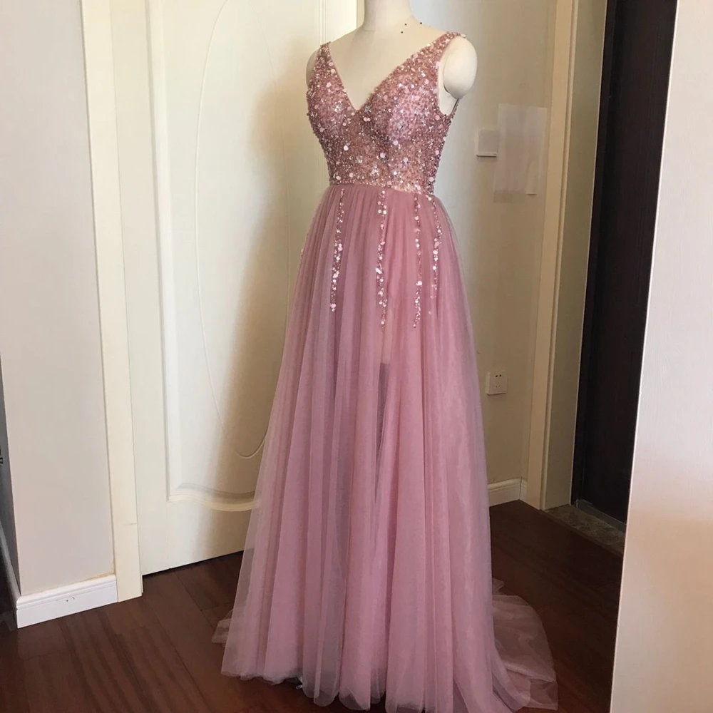 Beading Prom Dresses 2020 V neck Pink High Split Tulle Sweep Train Sleeveless Evening Gown A-line Lace Up Backless Vestido De Beading Prom Dresses 2020 V neck Pink High Split Tulle Sweep Train Sleeveless Evening Gown A-line Lace Up Backless Vestido De