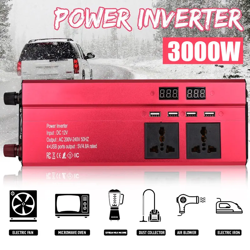 

Portable Solar Power Inverter Converter 3000W Peak DC12V/24V To AC220V Modified Sine Wave with Digital Display USB Charger