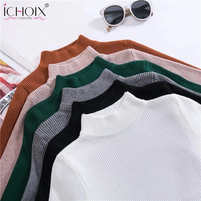 

ICHOIX Womens Sweaters 2019 Winter Tops High Elasticity Soild Knitting Pullovers Casual Warm Slim Turtleneck Female Jumper Top