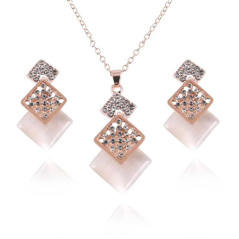 Fashion Geometric Crystal Square Pendant Necklace Earrings Jewelry Set