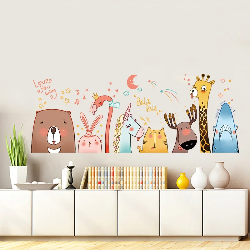 Супер милые животные Аватар мультфильм наклейки на стену олень Фламинго Единорог Медведь Кролик кошка Акула детская комната плинтус линия талии наклейки - Цвет: XH9316