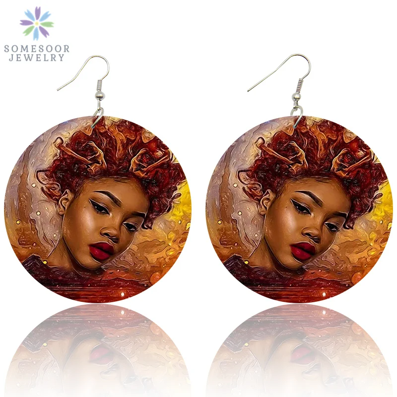 

SOMESOOR Both Sides Painting Black Queen AFRO Wood Dangle Portrait Earrings African Natural Hair Ear Jewelry For Women Gifts