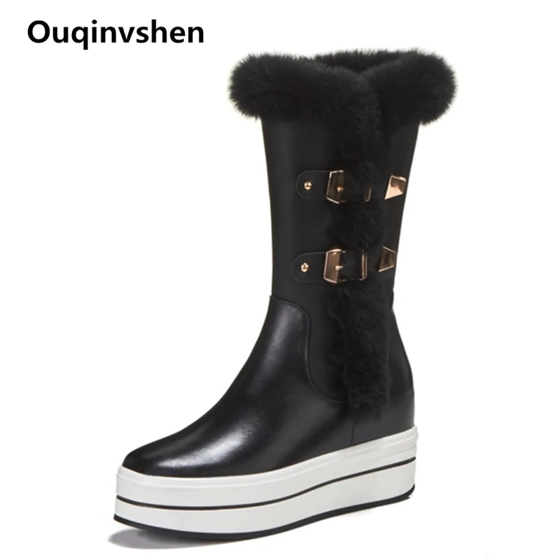 

Ouqinvshen Buckle Strap Fur Warm Boots Women Casual Mid-Calf Platform Wedges Boots Winter Zipper Round Toe Snow Boots Women 5CM