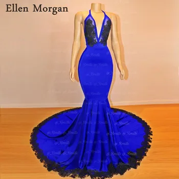 

Mannequin African Black Girls Mermaid Prom Dresses 2019 Real Photos Lace Royal Blue Backless Elsatic Satin Vestido De Festa