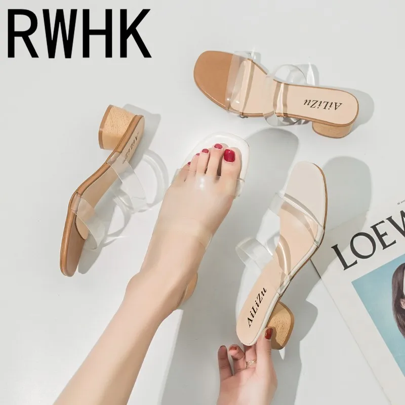 

RWHK Slippers female summer 2019 new Korean version of the wild thick with transparent fashion wear no heel lazy slippers B056