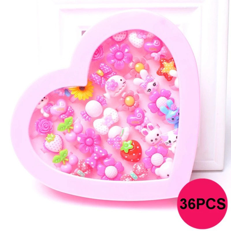 

36pcs Kids Cute Cartoon Finger Rings Resin Candy Color Animals Flower Heart With Display Box Party Birthday Gifts Children Girls