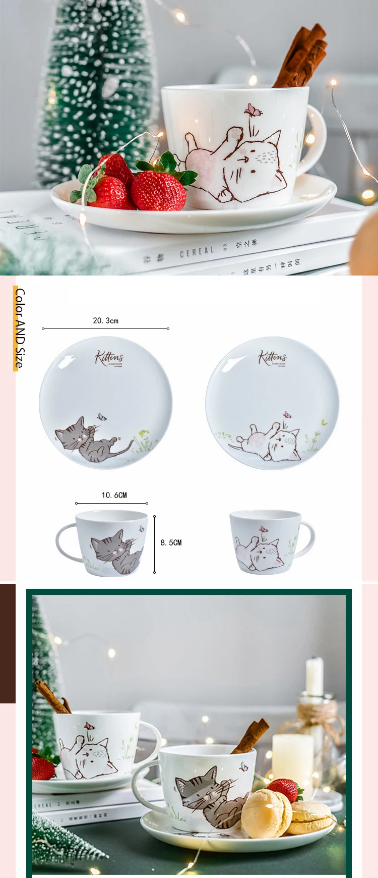 1 шт., обеденная тарелка керамическая с рисунком котенка, обеденная посуда, кружка для питья, милая кошка, десертная тарелка, послеобеденный чайный набор, 8 дюймов/450 мл