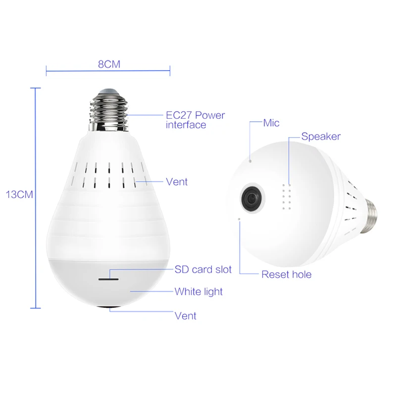  JIENUO IP WIFI Della Macchina Fotografica 360 Gradi A Due Vie Audio Luce Bianca Lampadina Panoramic
