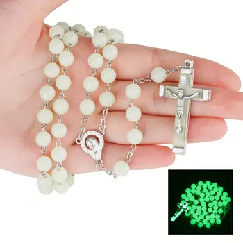 8MM luminous Christian Catholic Cross Rosary Necklace Glowing Light in Dark Beaded Rosary Necklaces for Men Women Christians