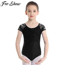 FEESHOW/детская одежда для девочек, с короткими рукавами, с цветочным узором, с кружевным бантом, с вырезом на спине, балетные гимнастические леотарды, боди, костюм, комбинезон