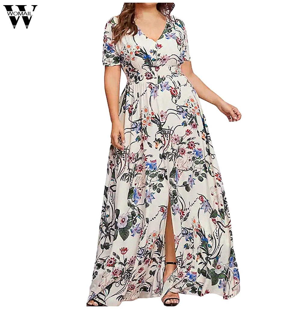 

Womail XL-5XL Womens Maxi Dress Plus Size Vestidos White Fashion Ankle-Length V-Neck Split Foral Printed Dresses JL19 Vestidos