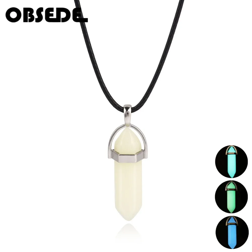 

OBSEDE Punk Fluorescent Necklace Luminous Hexagonal Pendant Necklace Natural Crystal Stone Glow in the Dark Leather Chain