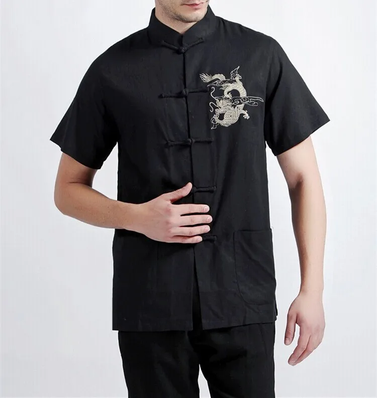 Новое поступление черный Для мужчин хлопок кунг-фу Рубашка Вышивка Hombre Camisa летние шорты-карман на рукаве Размеры размеры s m l xl XXL, XXXL 2999 -4