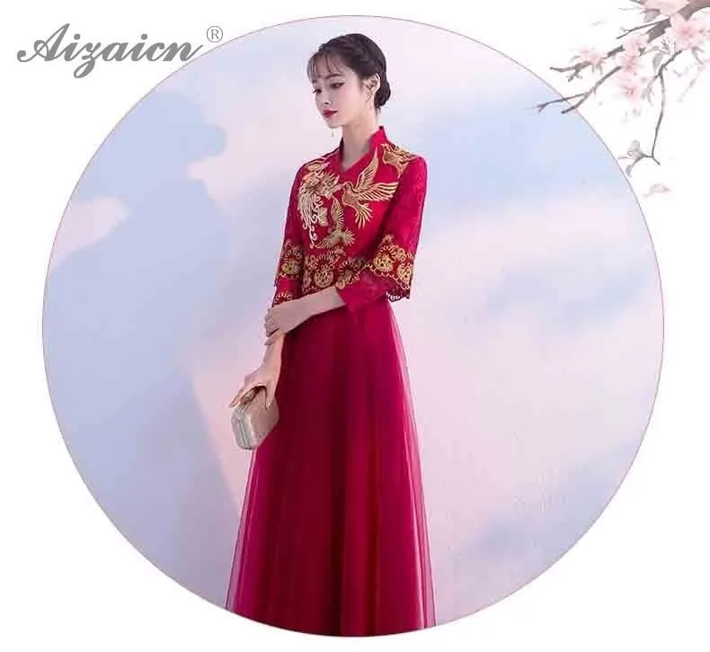 Красный Винтаж Cheongsam для женщин Китайский традиционный свадебный Qipao Вышивка платья для звавечерние ужин платье халат 2019 Chinoise femme