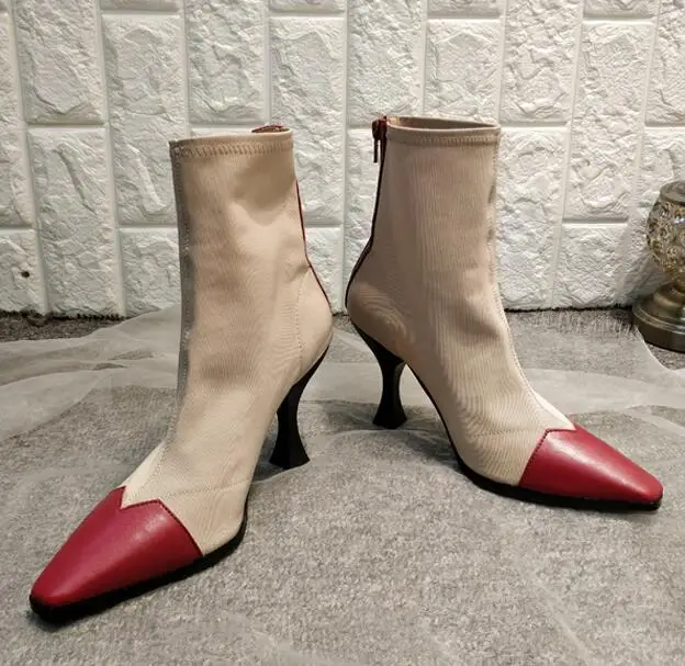 

2018 Autumn Newest Square Toe Mixed Colors High Heel Ankle Boots Sexy Stretch Fabric Strange Heels Woman Short Boots