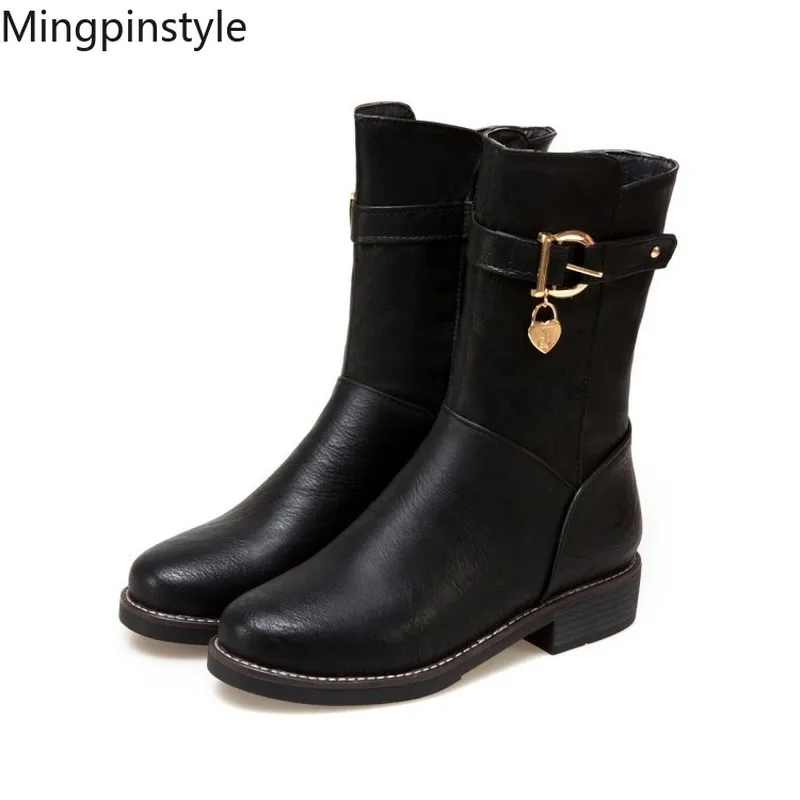 

Mingpinstyle 2018 Women Boots Occident Style Black High Quality PU Fleeces Autumn and Winter New Women Shoes Eur35-43