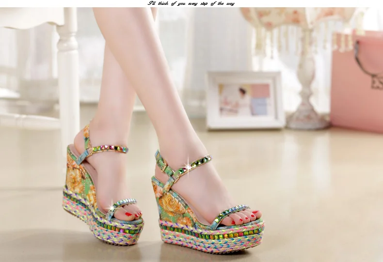 16_2016 Summer New Fashion Rhinestone High Heel Open Toe Sandals Casual Bohemian Wedge Elegant Shoes For Ladies High Quality