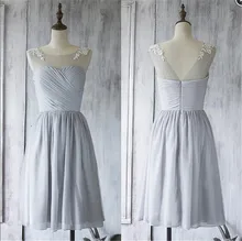 Illusion Hellgrau Tüll Applikationen Weißen Spitze Kurze Brautjungfer Kleider Eleganten Falten Kurze Hochzeit Partei Abschlussball-kleider