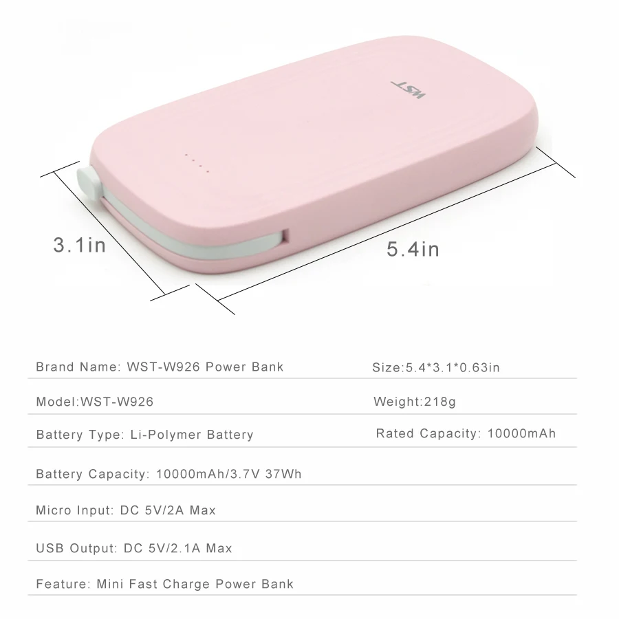 WST 10000 мАч портативный мобильный внешний аккумулятор для Xiaomi Samsung телефона