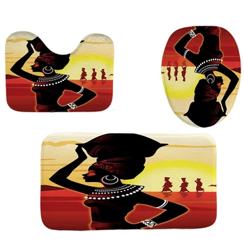 

4Pcs Home Bathroom Decor Set Bathroom African Girl Pattern Toilet Seat Cover Bath Mat Set+ Waterproof Shower Curtain