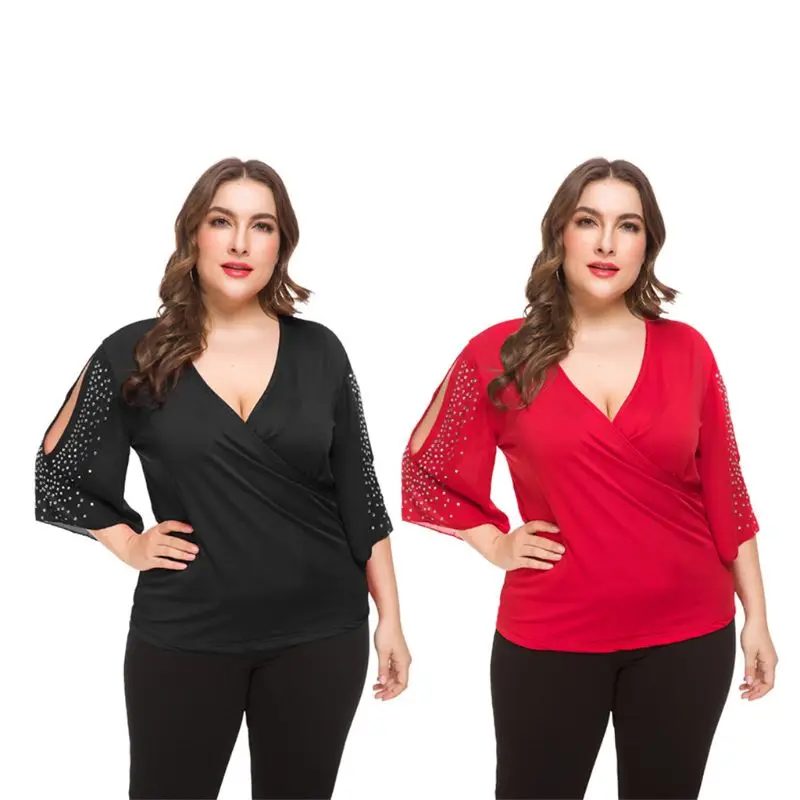 

Women Ladies Plus Size Sexy V-Neck Rhinestones Hot Drilling Short Hallow Sleeve Tee T-Shirt Top Women Top