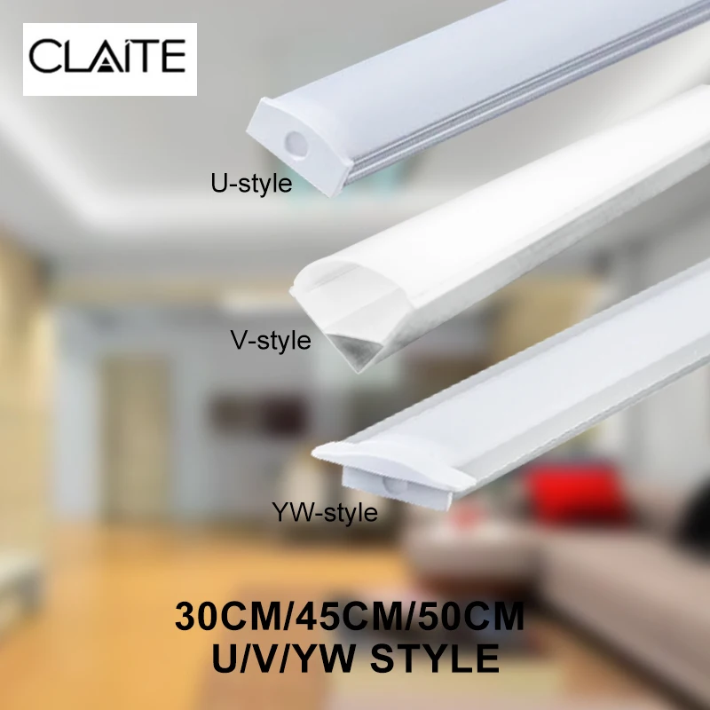 CLAITE Three Style U V YW 30cm 45cm 50cm Aluminium Channel Holder for LED Strip Light Bar Under Cabinet Lamp Kitchen 1.8cm Wide