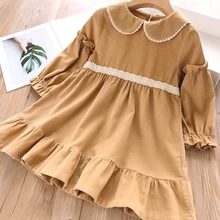 Осенне-весеннее платье для девочек платья для малышей вельветовые зеленые однотонные Детские платья с длинными рукавами и воротником «Питер Пэн» милое школьное платье в стиле «лолита»