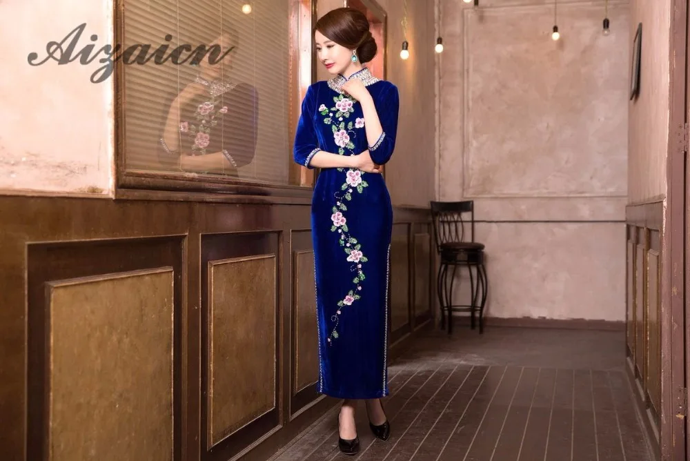 Длинный зеленый Pleuche традиционный Qipao Для женщин китайские Cheongsams бархат Vestido Oriental блестки вышивает платье Ци Ципао