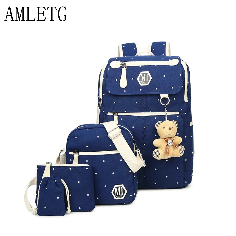 

4cs / Set of Canvas Women's Backpack Bag Printing Cute Bag Backpack Girl Green Canvas Backpack Mochila College Wind Mochila