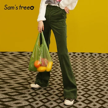 

Samstree Vintage Corduroy Women Pants,2019 Autumn Fashion Mid Waist Female Flare Pants Green Casual Office Lady Trousers