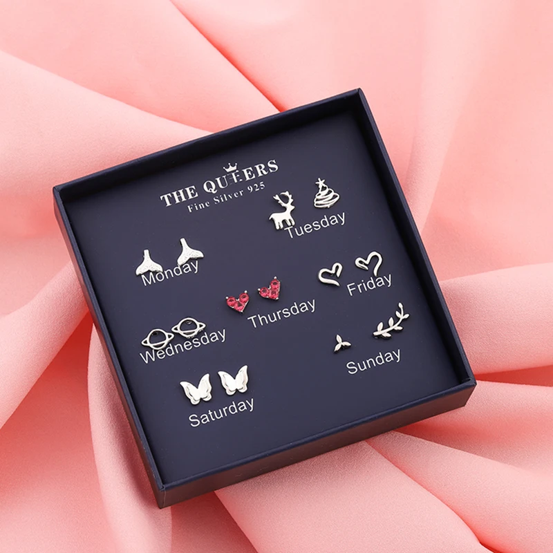 

LIDAVI 925 Sterling Silver One Week Earrings Set Simple Needle With Cubic Zirconia Stud Earrings for Women Party Jewelry VES6082