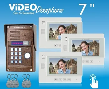 

ZHUDELE New 7"color video door phone,CCD camera with ID CARD AND PASSWORD UNLOCK ,touch screen can connect CCTV camera ,1 to 3