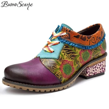 

BuonoScarpe New Casual Retro Ethnic Style Genuine Leather Fashion Women's Shoes Chunky Heel Lace-up Big Size Spring Mid Heels