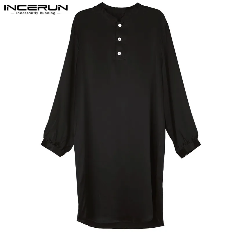 INCERUN размера плюс, мужские шелковые атласные пижамы, халаты с длинным рукавом, мягкая мужская домашняя одежда, банный халат, одноцветная повседневная одежда для сна, мужской костюм - Цвет: Black