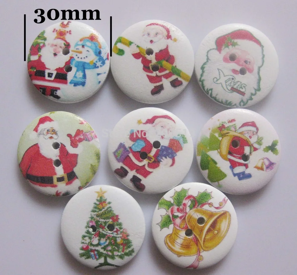 

WB0190 Large size 30MM wood buttons for christmas 80pcs mixed randomly printed buttons for craft