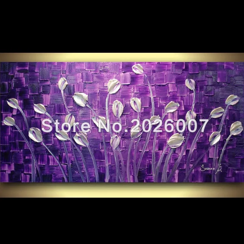 189ORIGINAL Large Abstract Purple Pearl White Tulips Landscape Modern Thick Impasto Texture Palette Knife Painting 