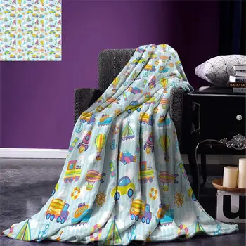 

Kids Throw Blanket Transportation Themed Toy Vehicles and Icons Pattern on Stripes and Fluffy Clouds Warm Microfiber Blanket