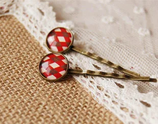 Scottish font b Tartan b font Red Cross Plaid Print Glass Cabochon Hairpins for Girls Mediterranean