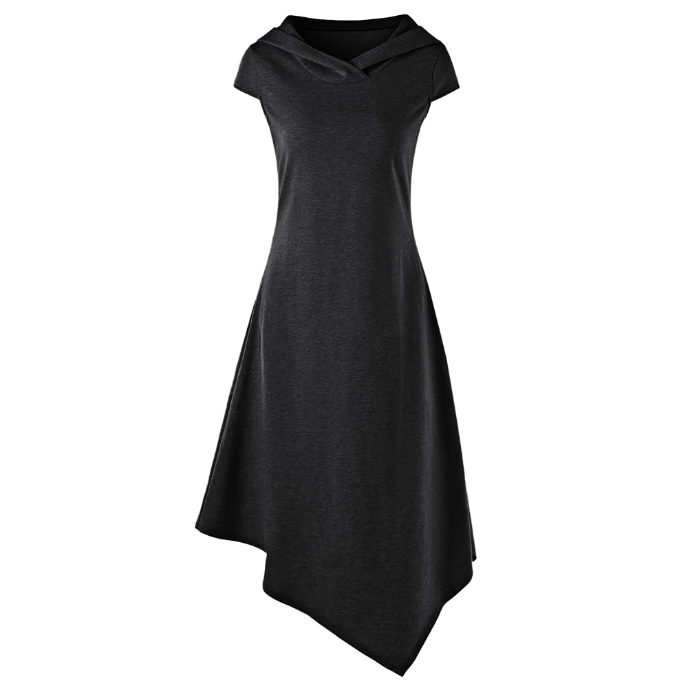 VESTLINDA Asymmetrical Hooded Cut Out Midi Dress Women Dress Summer Hooded Short Sleeves Solid Colors Dresses Vestido De Festa 9