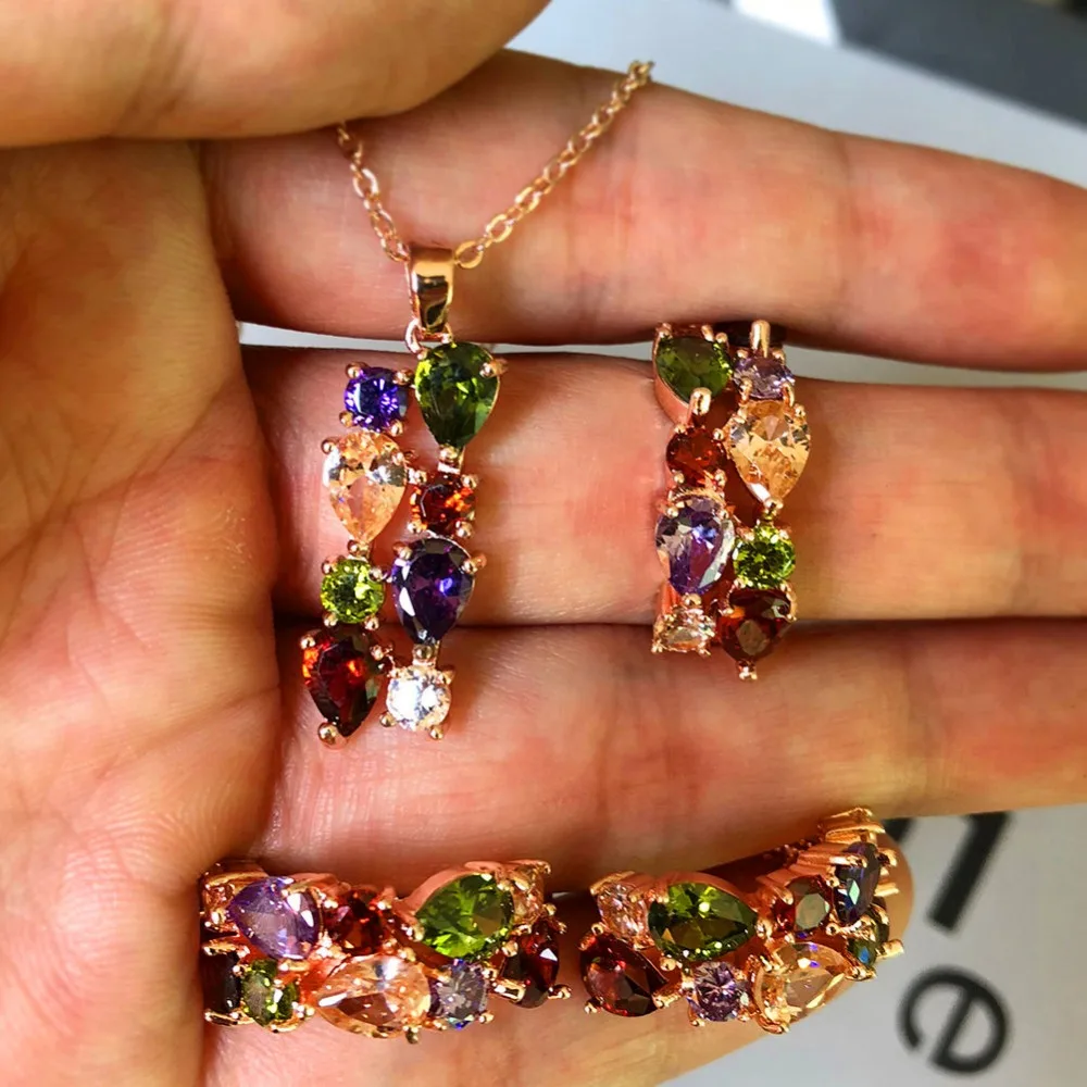 

Boho Female Crystal Rainbow Ring Jewelry Set Vintage Rose Gold Chain Necklace Earrings Set 2019 Valentine's Day Gifts