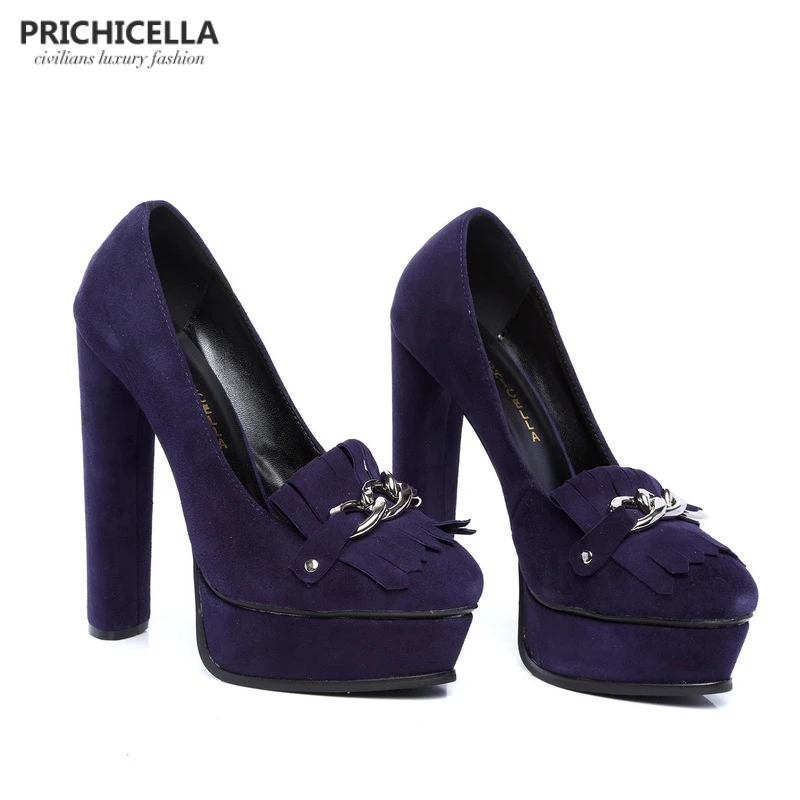 PRICHICELLA/качественные фиолетовые замшевые туфли-лодочки на платформе из натуральной кожи; женские модельные shoesize35-42 на высоком каблуке 14 см