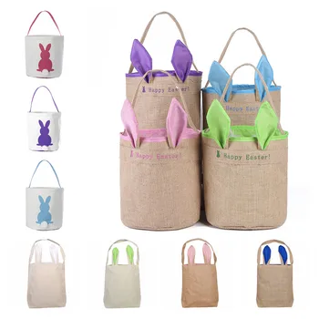 

Wholesale Easter Bunny Buckets 50pcs/lot 20 Styles Ears Basket Canvas Bags Tote Stuffers Egg Hunt For Girls and Boy Free Ship