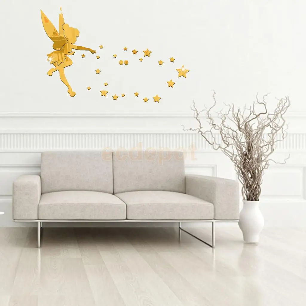 28Pieces 3D Plastic Fairy And Stars Pattern Wall Stickers DIY Decals Wall Mural Art Decor Black/Gold/Silver	