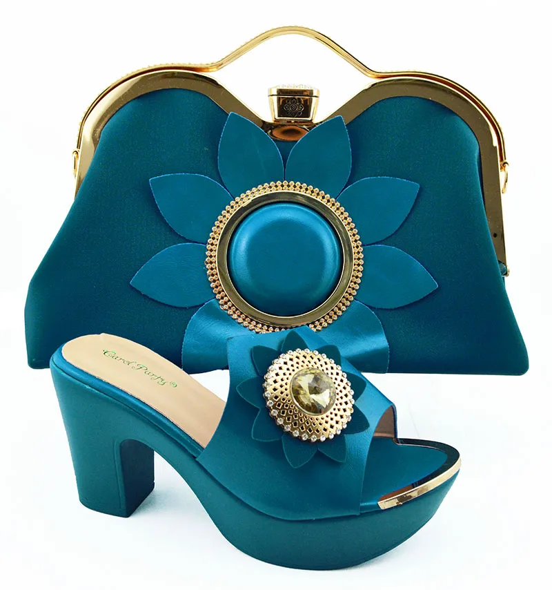 Teal blue fashion lady shoes and clutches bag with big flower wedding